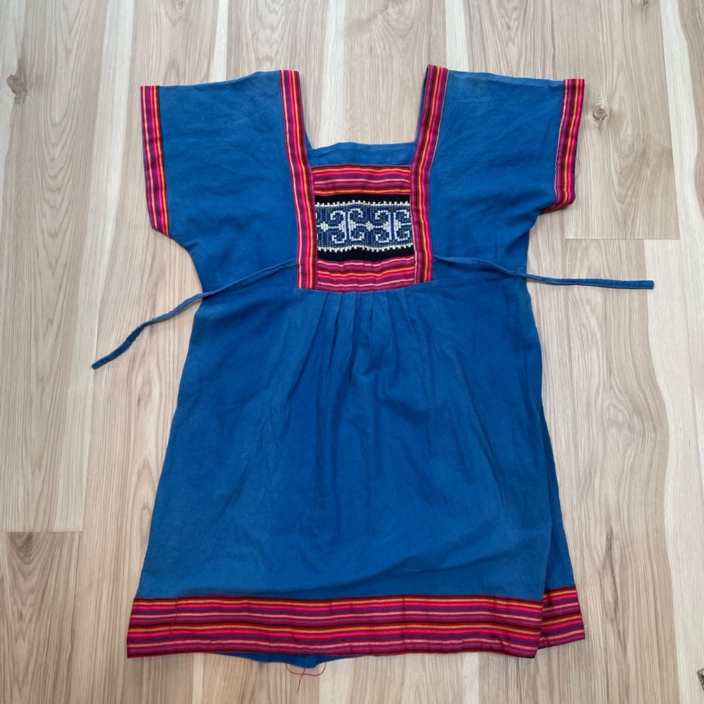 Thai Traditional Tribal Bohemian Blue Embroidered Dress Size S